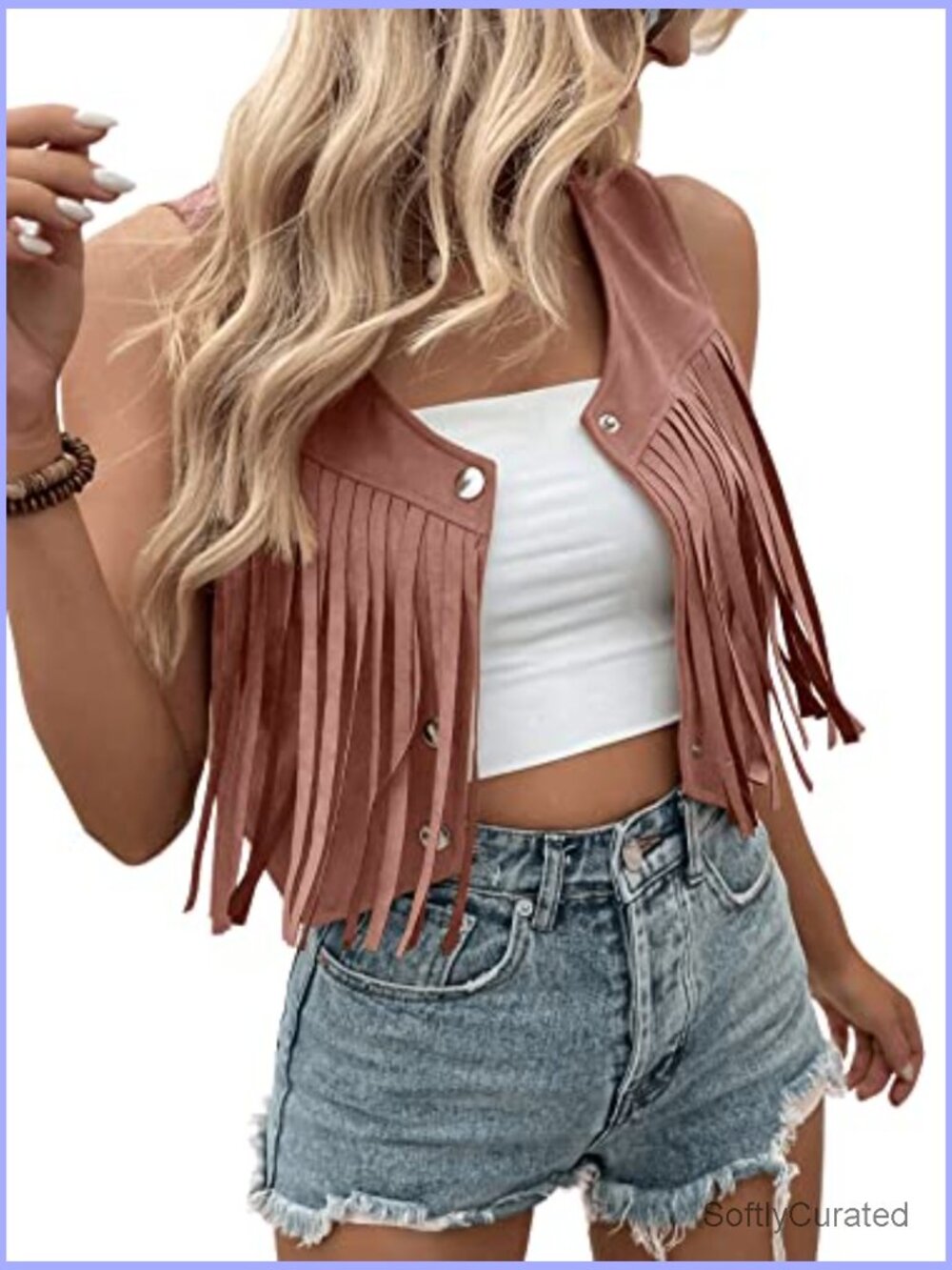 Suede Fringe Trim Sleeveless Crop Vest Jacket Button Front Coat - Picture 3 of 7